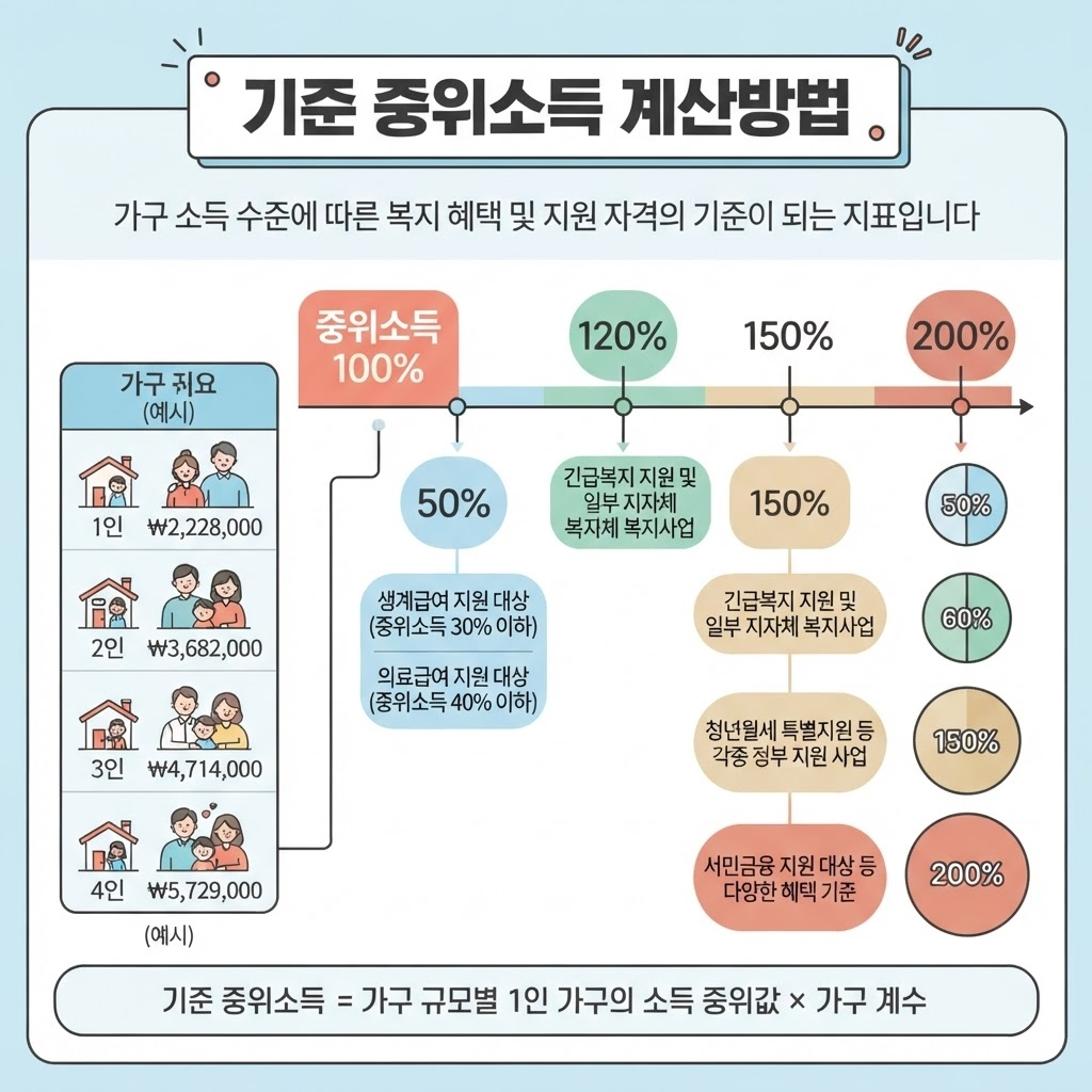 기준 중위소득 계산방법과 50%, 100%, 120%, 150%, 200% 비율을 설명한 인포그래픽