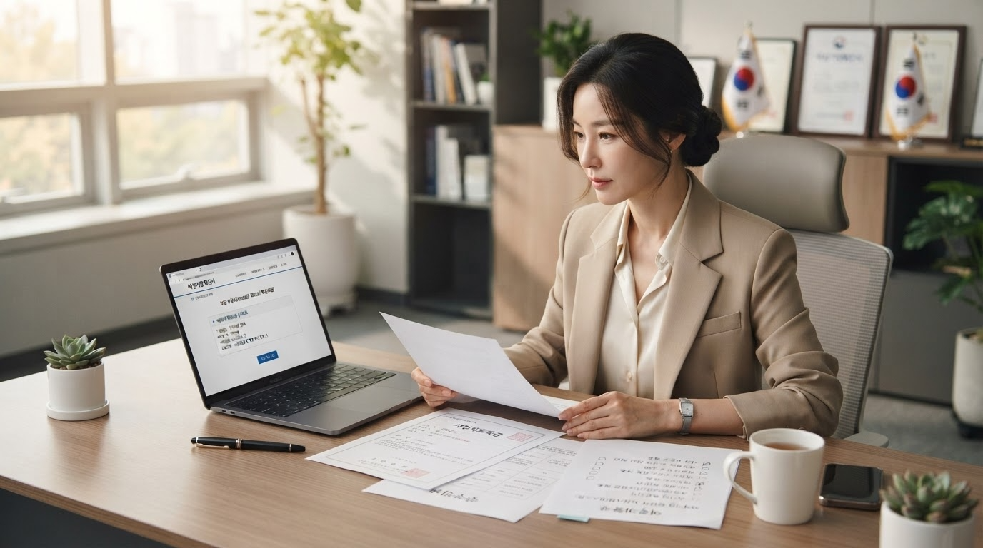 여성기업 확인서 보완 요청을 확인하며 추가 서류를 준비하는 여성 사업자